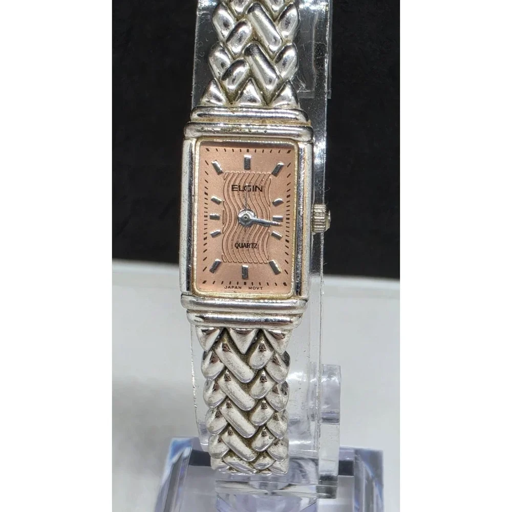 Vintage Elgin Quartz Ladies Watch Pink Dial Silvertone Bracelet Band EL 987